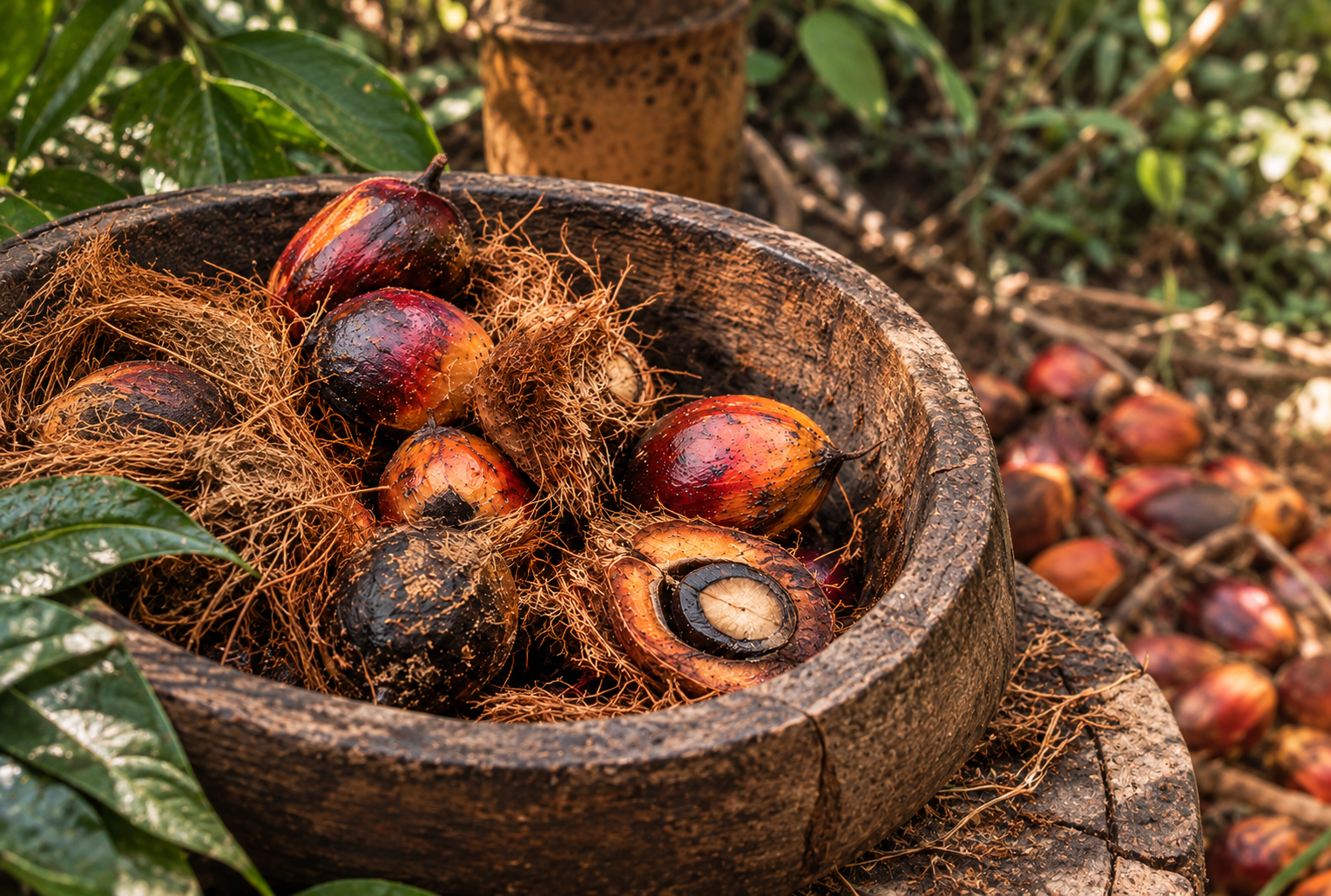 Freshly harvested Batana fruit and fibrous husks in a rustic wooden container.