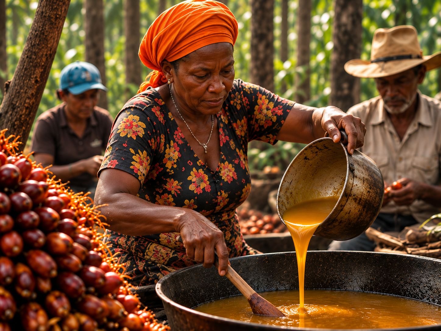 A woman in an orange headwrap pouring Batana oil into a pot, with other people behind her.