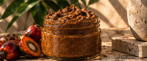 Rich Root Blend butter in an open jar beside Batana fruit.